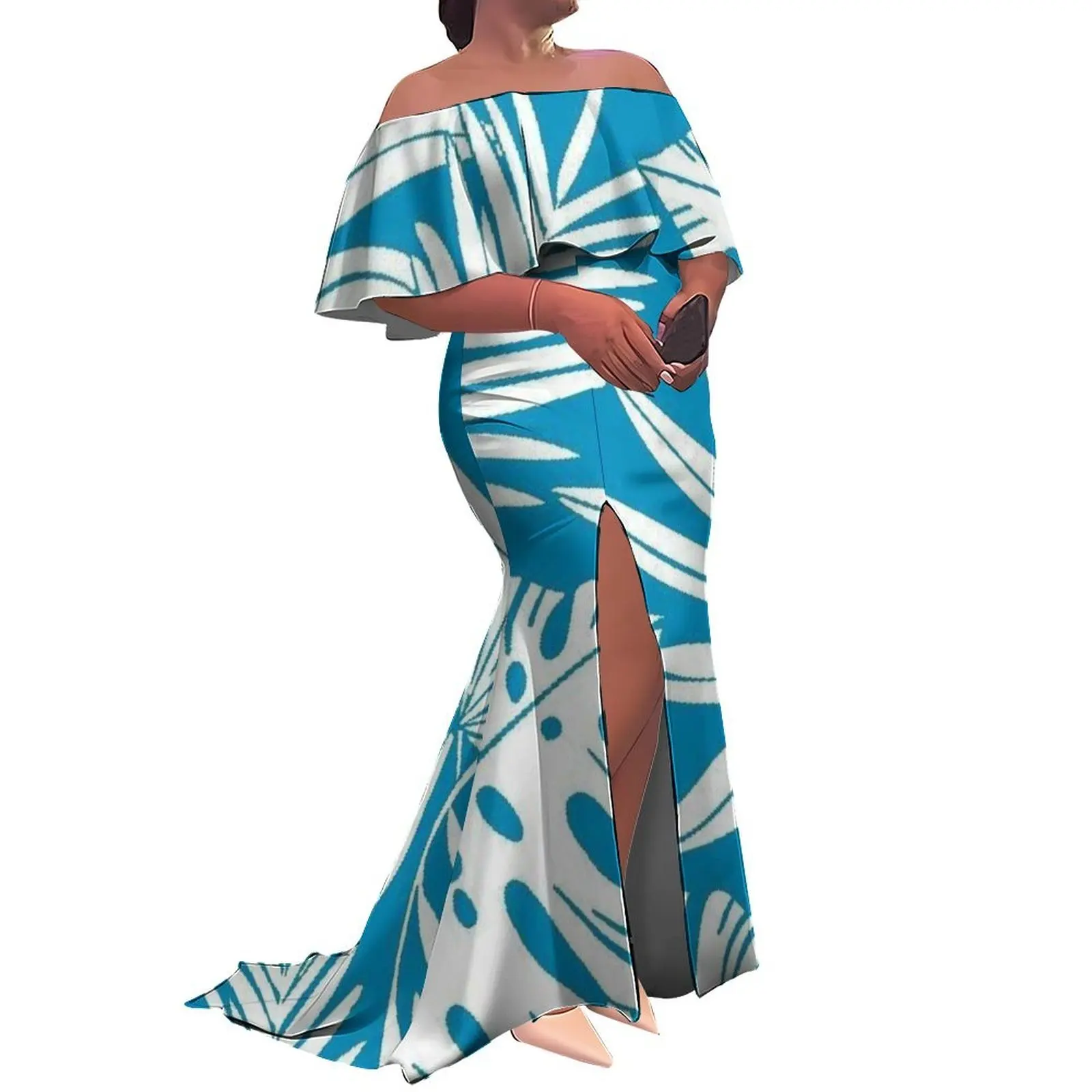 

Polynesian Custom-Made Fashionable Hibiscus Flower Design Long Floor-Length Slit Slim Women'S Dress With Lotus Leaf Collar