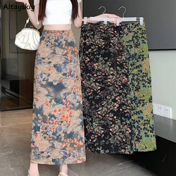 Retro Skirts for Women Floral Printed Ankle-length Fashion High Waist Thin Summer Casual Back-slit Design Chic Chinese Style