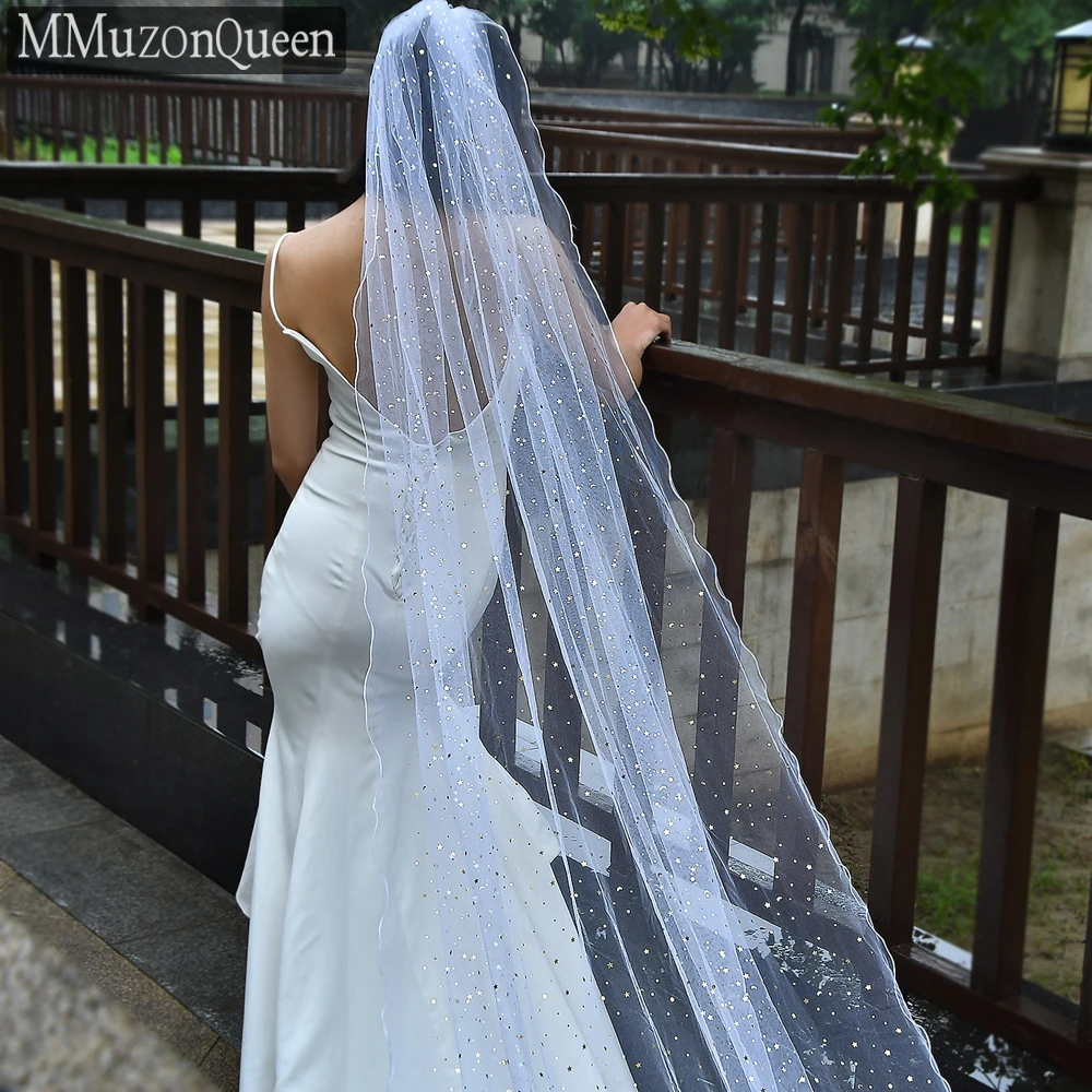 

MMQ M14A Sequined Cathedral Veil Exquisite Large Wavy Edge Hard Yarn One Layer Sun Star Long Bridal Wedding Veils Accessories