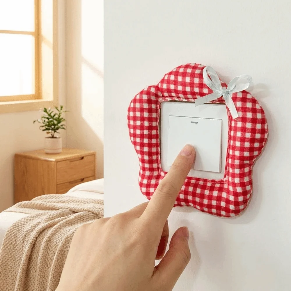 Soft Plaid Fabric Switch Cover Waterproof Flexible Structure Flower Switch Cover Creative Design Easy To Install