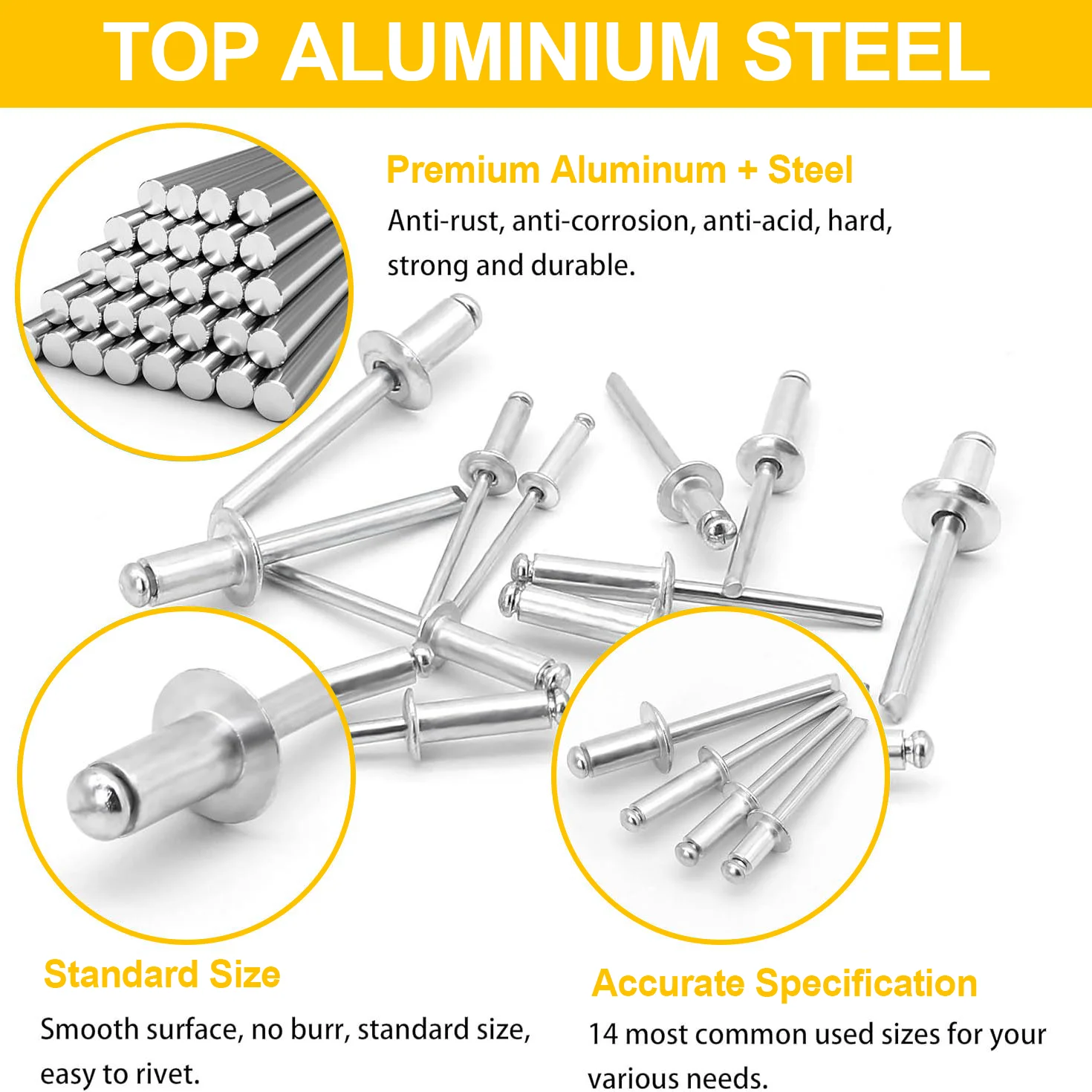 500 PCS Aluminum Pull Rivets, Round Head and Countersunk Head Types, Blind Rivets for Doors and Windows, Open Type Rivet Set