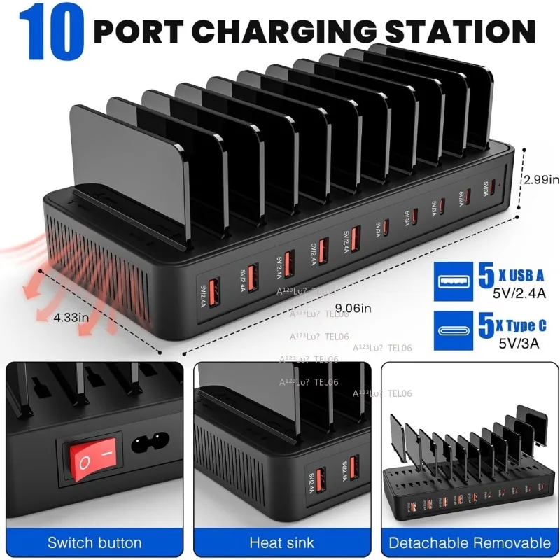 Desktop Organizer Stand Multi-Port USB Charger Type-C Universal Tablet Mobile Phone 10-Port Charging Stand