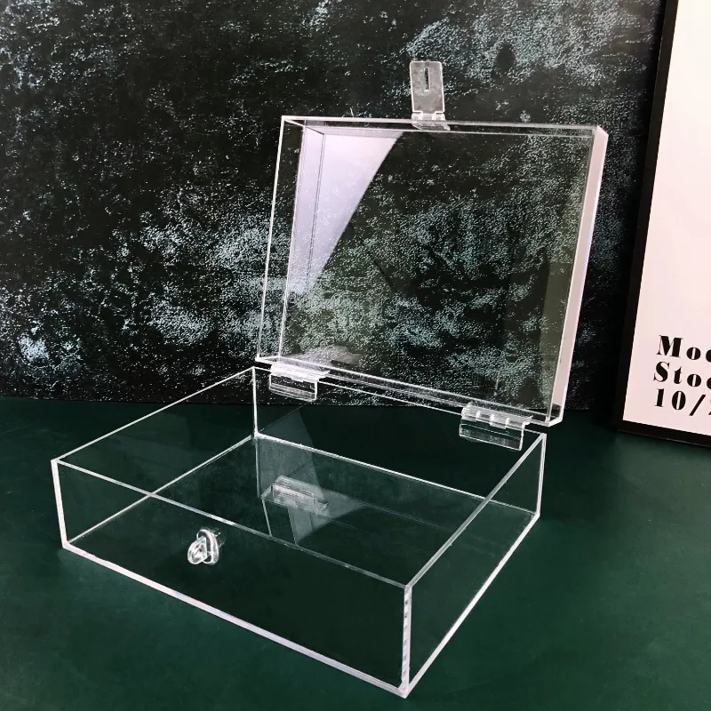 Boîte de rangement en acrylique transparent avec serrure, organisateur de cosmétiques anti-poussière, vitrine rabattable pour maquillage de bureau/papeterie/bijoux, 2024
