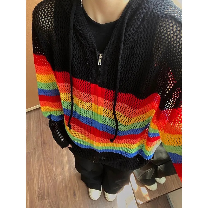 

Rainbow contrasting color hollow knitted shirt jacket men's spring and autumn dopamine outfit drape ice silk sunscreen blouse