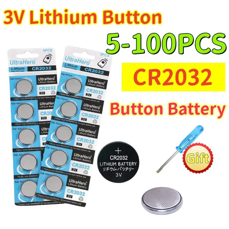 ใหม่แบตเตอรี่กระดุม2032 CR2032 CR 100-5ชิ้นแบตเตอรี่ลิเธียม3V สำหรับนาฬิกาของเล่นเครื่องคิดเลขรถยนต์ปุ่มควบคุมระยะไกลเซลล์เหรียญ