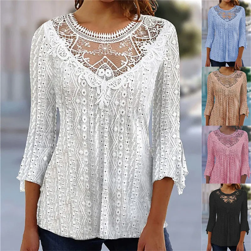Women's Casual Solid Color Blouse Fashion Lace Splicing Hollowed Out Round Neck 3/4 Sleeve Pullover Tops Women's Autumn Clothes
