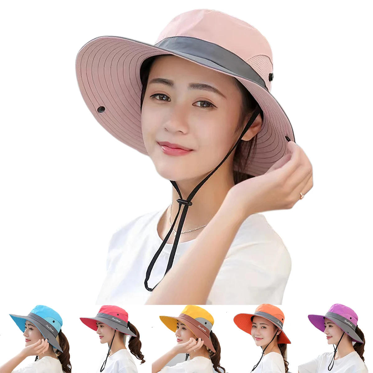 Women Large Brim With Leaking Ponytail Quick Drying Bucket Hats Fishermen Caps Outdoor Casual Cap Women Sunscreen Hat