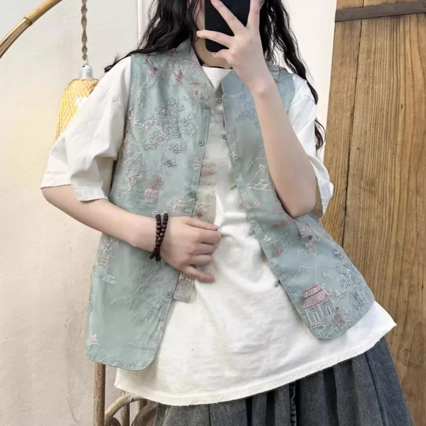 

Жилет с вышивкой Ele на пуговицах, новый китайский жилет с точным вырезом, женская мода в стиле ретро, маленький ence