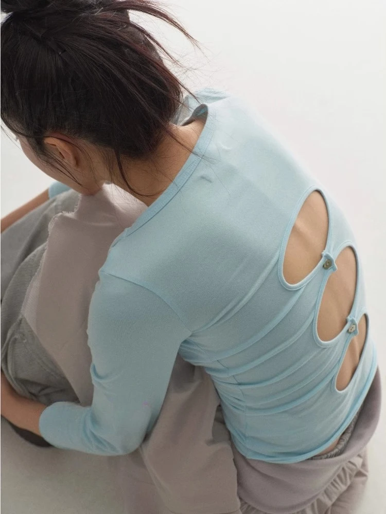 

Harajuku Sweet Light Blue O-neck T-shirts Y2k Sexy Backless Hollow Out Top for Women 2025 Summer New Slim Fit Tee Shirt