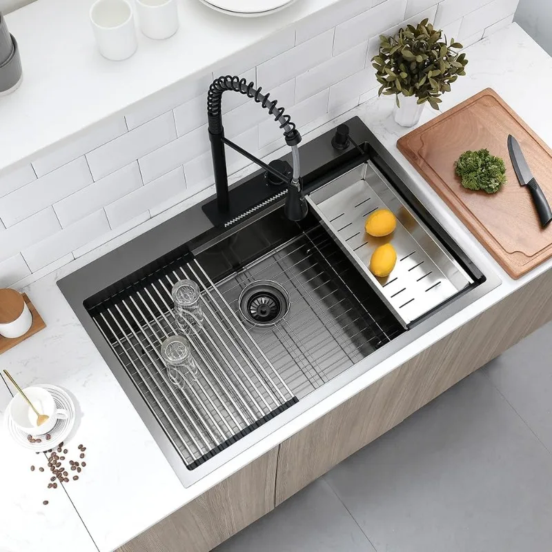 Embedded Kitchen Sink with Waterfall Faucet Combination Black Stainless Steel Single Bowl Top Mounted Multifunctional Sink