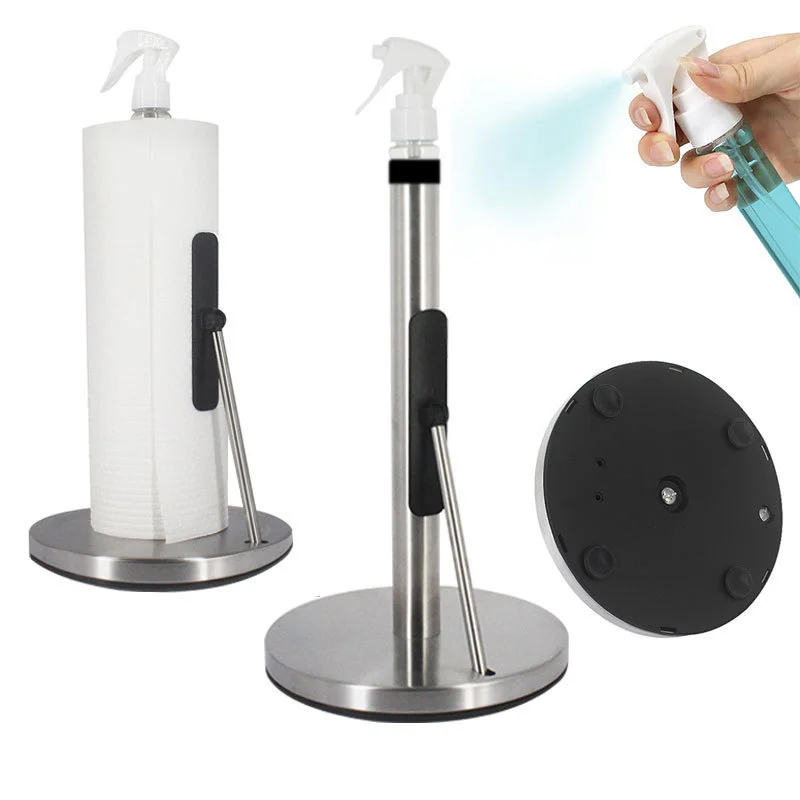 Kitchen Paper Towel Holder with Built-in Spray Bottle - Brushed Nickel Suction Cup Stand for Countertop Storage and Organization
