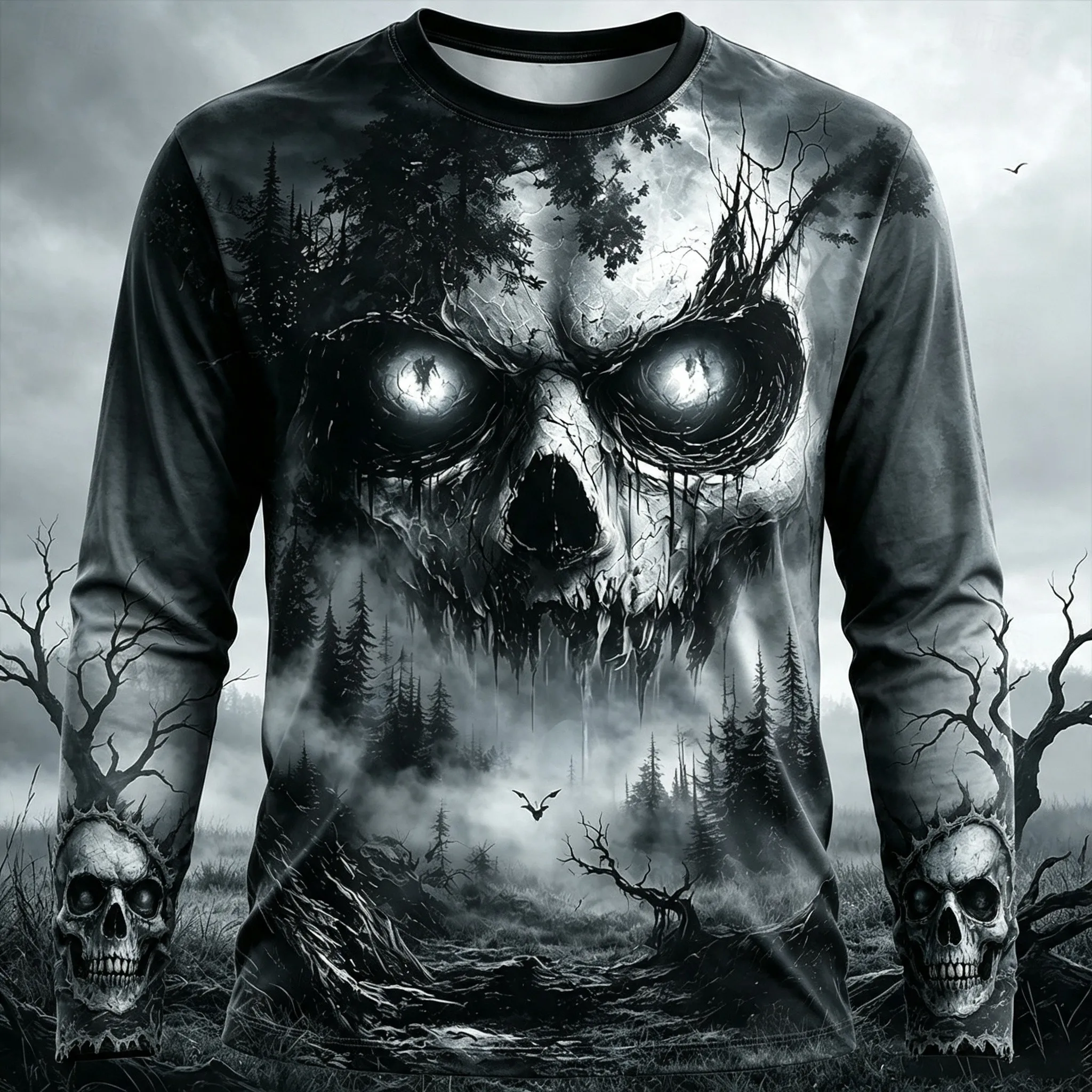 Men's Horror Skull Long‑Sleeve T‑Shirt 3D All‑Over Print Lightning Ice Snow Forest Bat Glowing Eyes Graphic Crew Neck Halloween