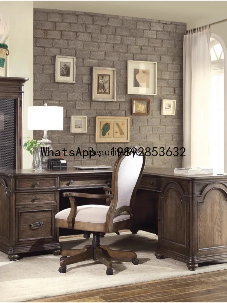 European retro old study oak corner desk, American solid wood