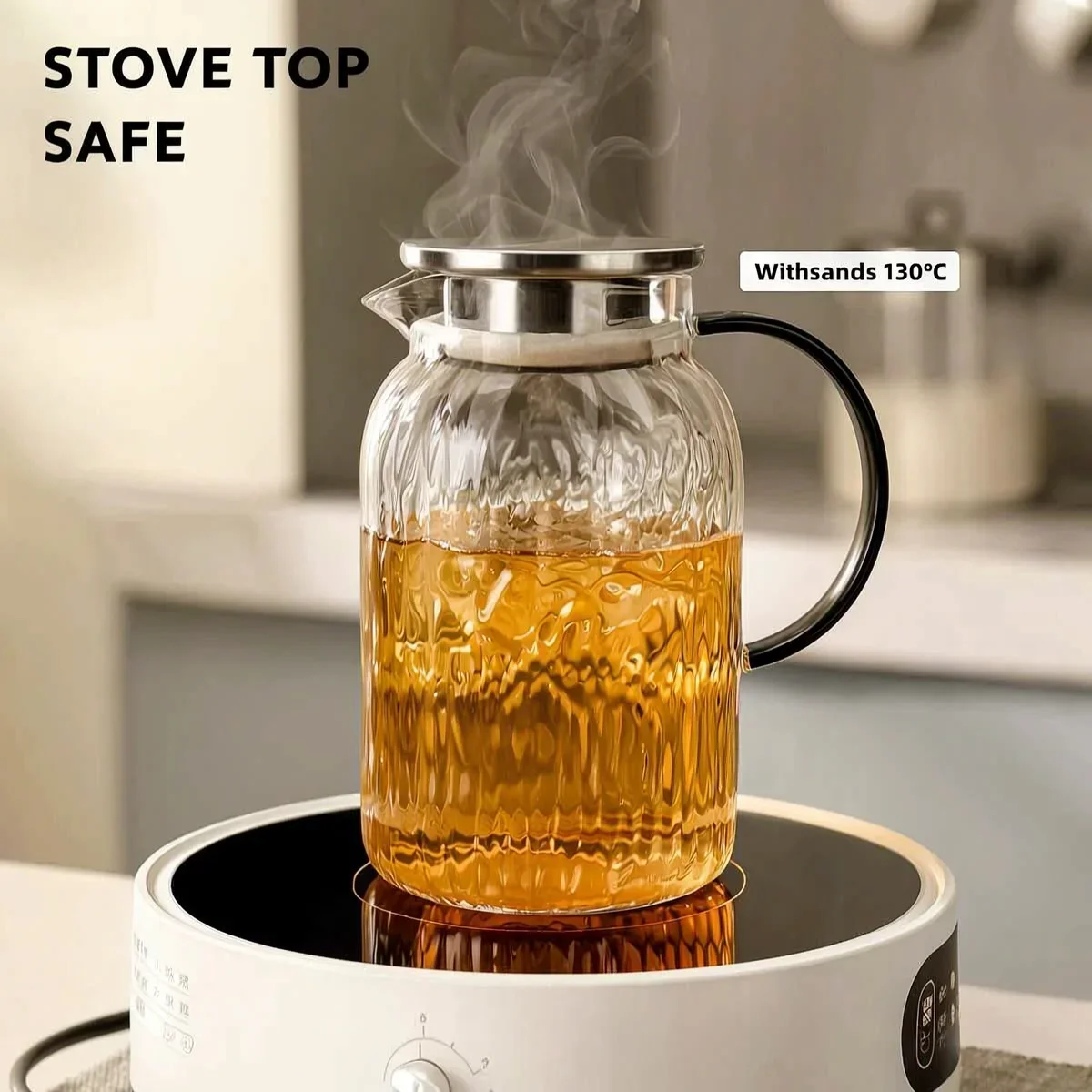 Glacier Glass Pitcher–High Borosilicate,Stove Top Safe&Heat Resistant Glass,Electric Ceramic Stove Applicable–Large Capacity