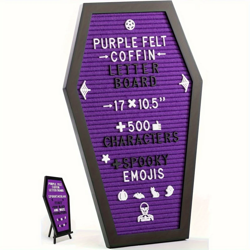 1set Coffin Letter Board,Black Goth Decor with Bat Stickers Spooky Emojis Wood and Felt board,Sawtooth hanger,Tabletop Stand