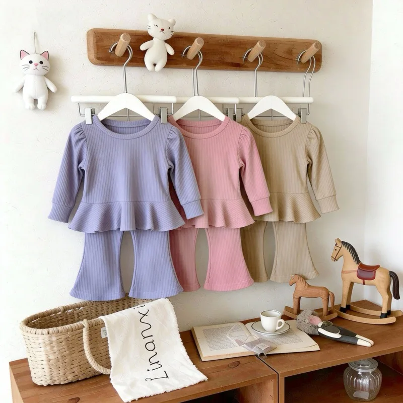 2026 Spring New Children Long Sleeve Clothes Set Girls Lace Sweatshirt + Flared Trousers 2pcs Suit Kids Toddler Casual Outfits