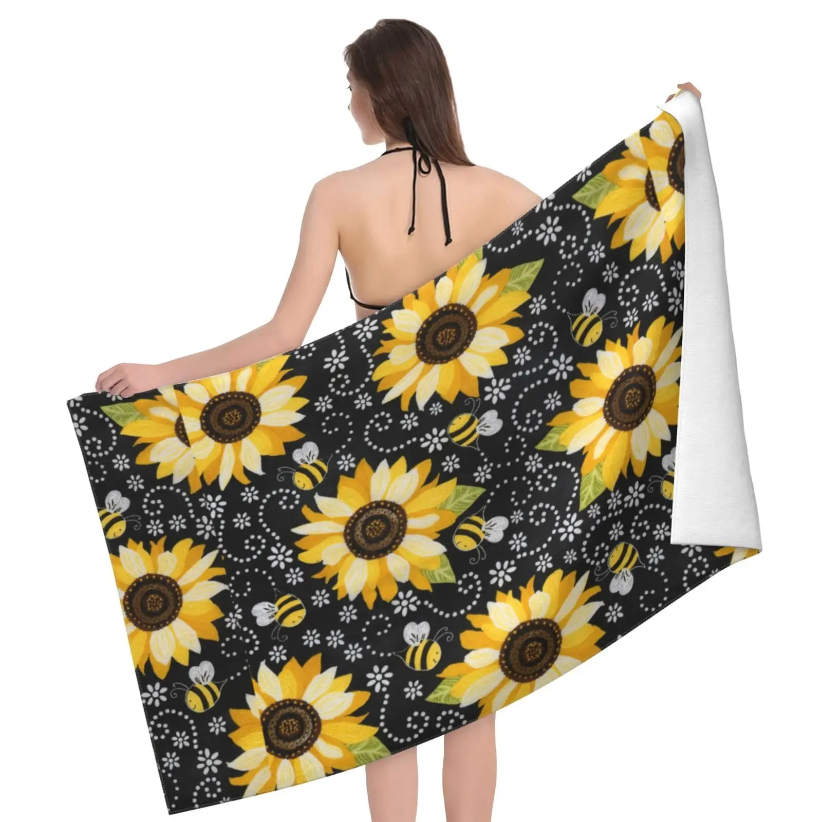 Sunflower Bees Print Beach Towel Quick Dry Absorbent Bath Towel Super Soft for Pool,Beach,Bath,Gym,Travel,Spa,Sport, Yoga Mat