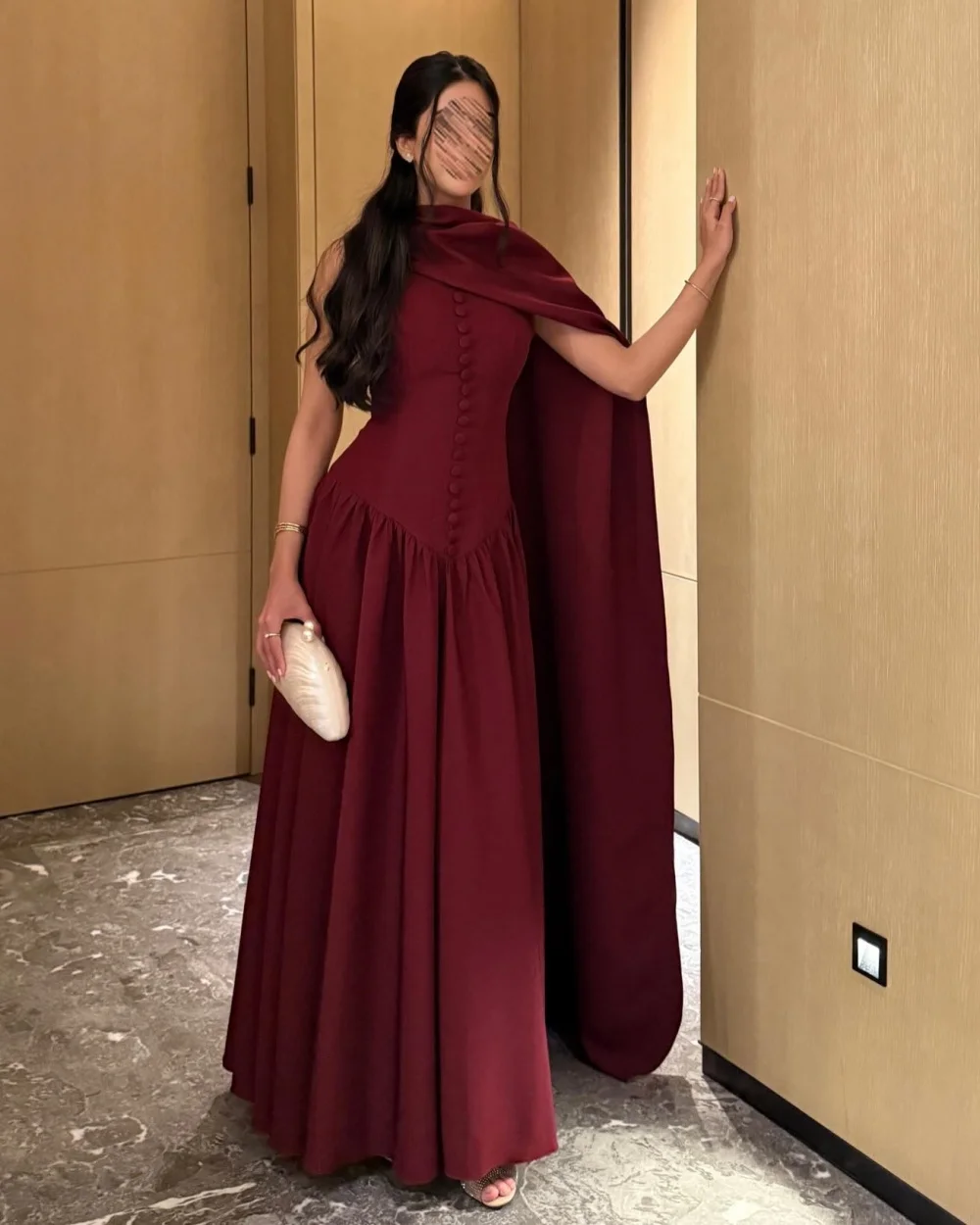 

Customized Elegant Women Jersey Button Ruched A-line Evening Dresses Classic Simple O-Neck Sleeveless Floor Lenght Prom Dresses