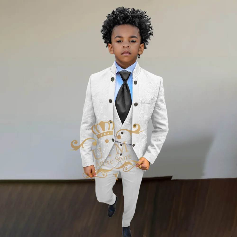 결혼식 댄스 생일 크리스마스 파티를위한 절묘한 소년의 검은 자카드 정장 3 피스 자켓 조끼 바지 맞춤 세트