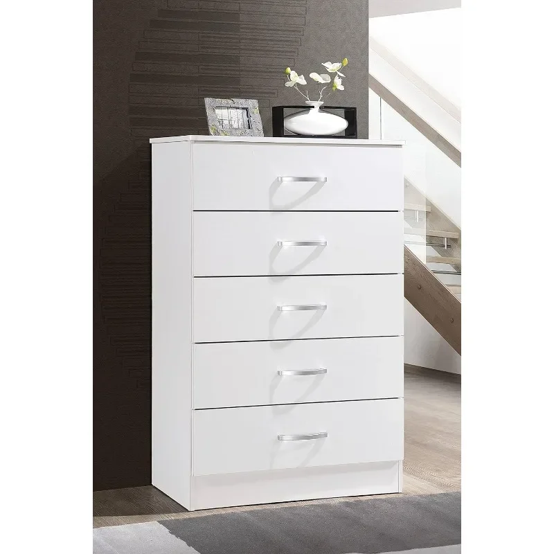 5 Drawer Wood Dresser for Bedroom, Chest of Drawers with Metal Rails for Support when Storing Clothing, White image 2