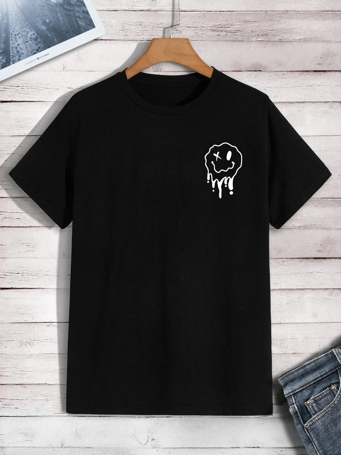 

About To Melt Printed Cotton T-shirt Men's Fashion T-shirt Summer Clothes Loose Trend Casual T-shirt Fun Smiling Face