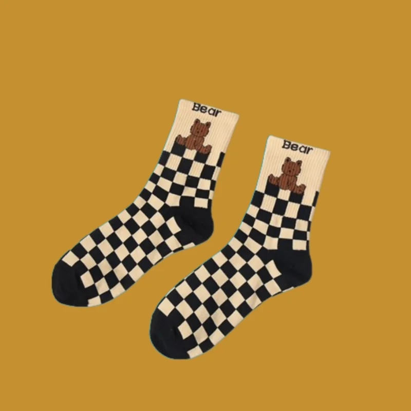 

5/10 Pairs Middle-tube Socks Autumn and Winter New Cute Japanese Student All-match 2024 Cartoon Socks Women's Plaid Bear Socks