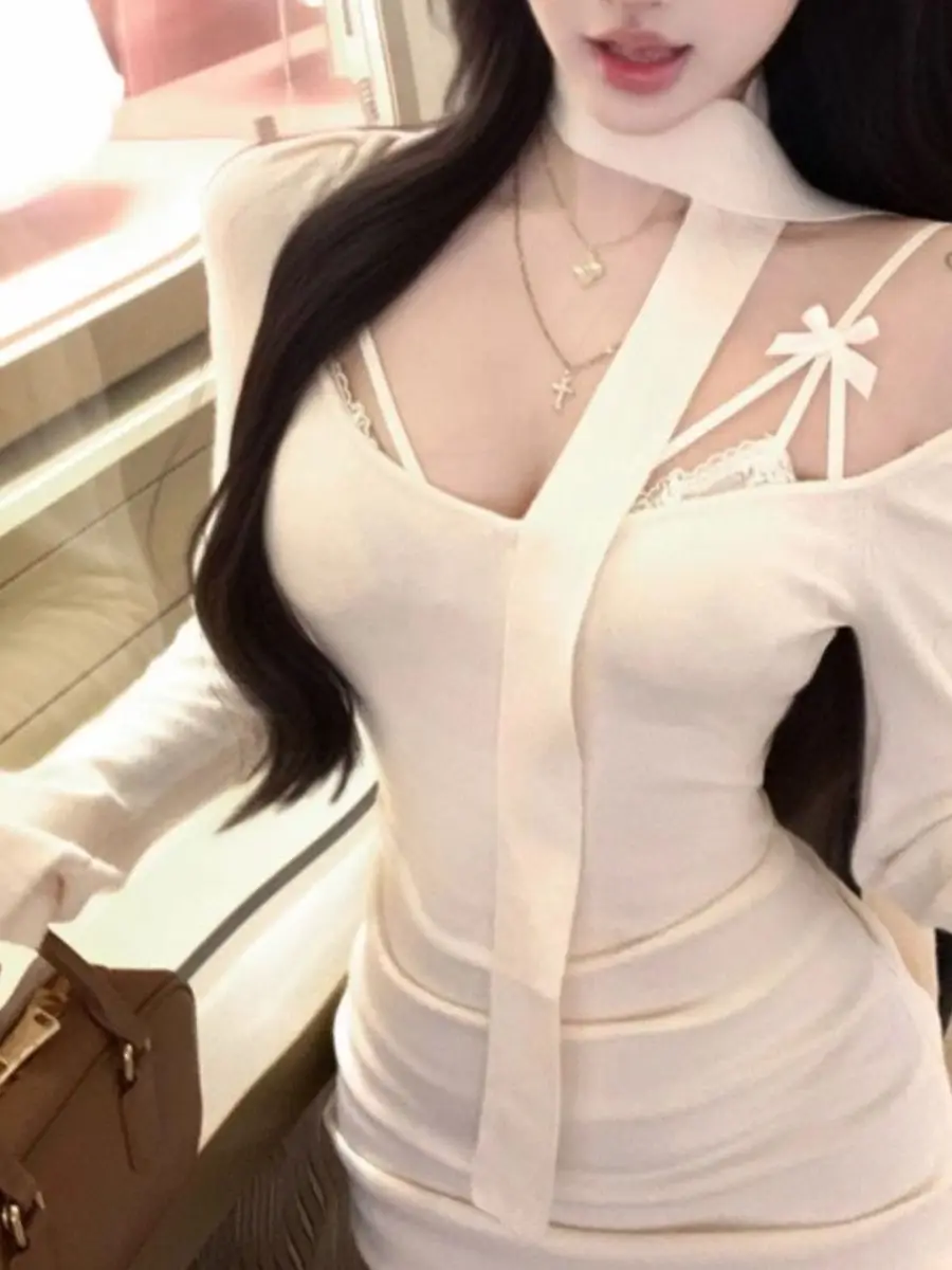 Unique Sash Tummy Control Skirt Women's Autumn Winter Slimming Base Layer Dress Casual High Waist A-Line Knitted Gown