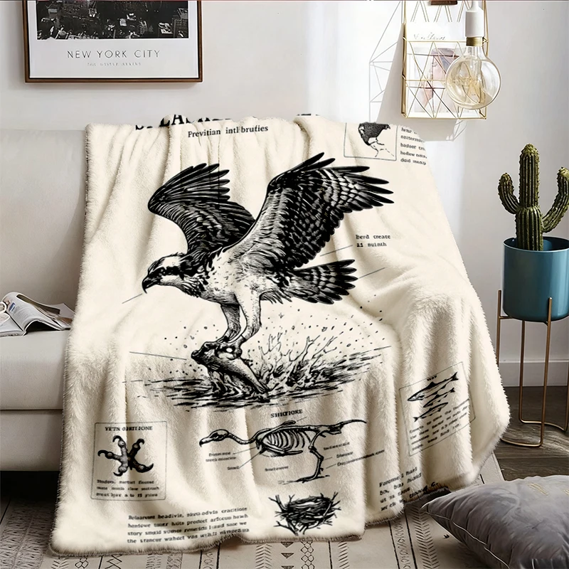 Splashed Osprey Illustration Flannel Blanket Vintage Bird Sketch Comfy Blanket