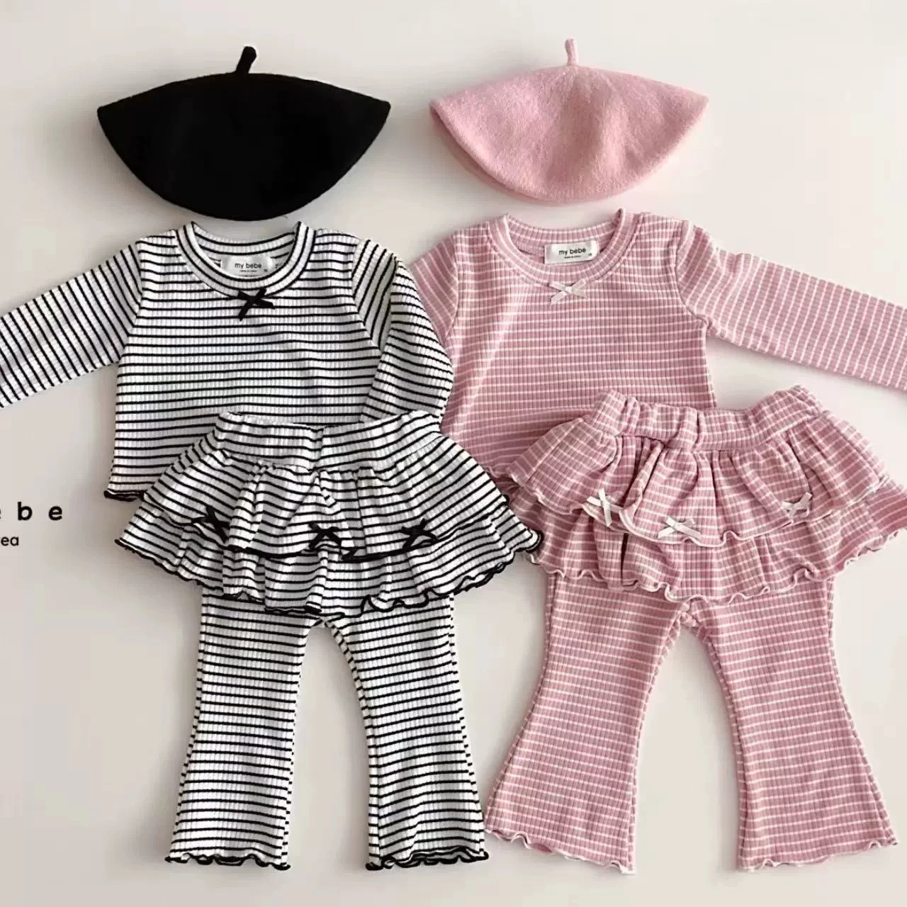 

Korean Children Clothing New 2026 Spring Girls Baby Sweet Striped T-shirt Ruffled Edge Flared Pants Two Piece Set