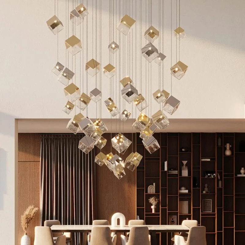 

Ice cube creative stair chandelier personalized villa raised living room dining room bar duplex simple light luxury glass