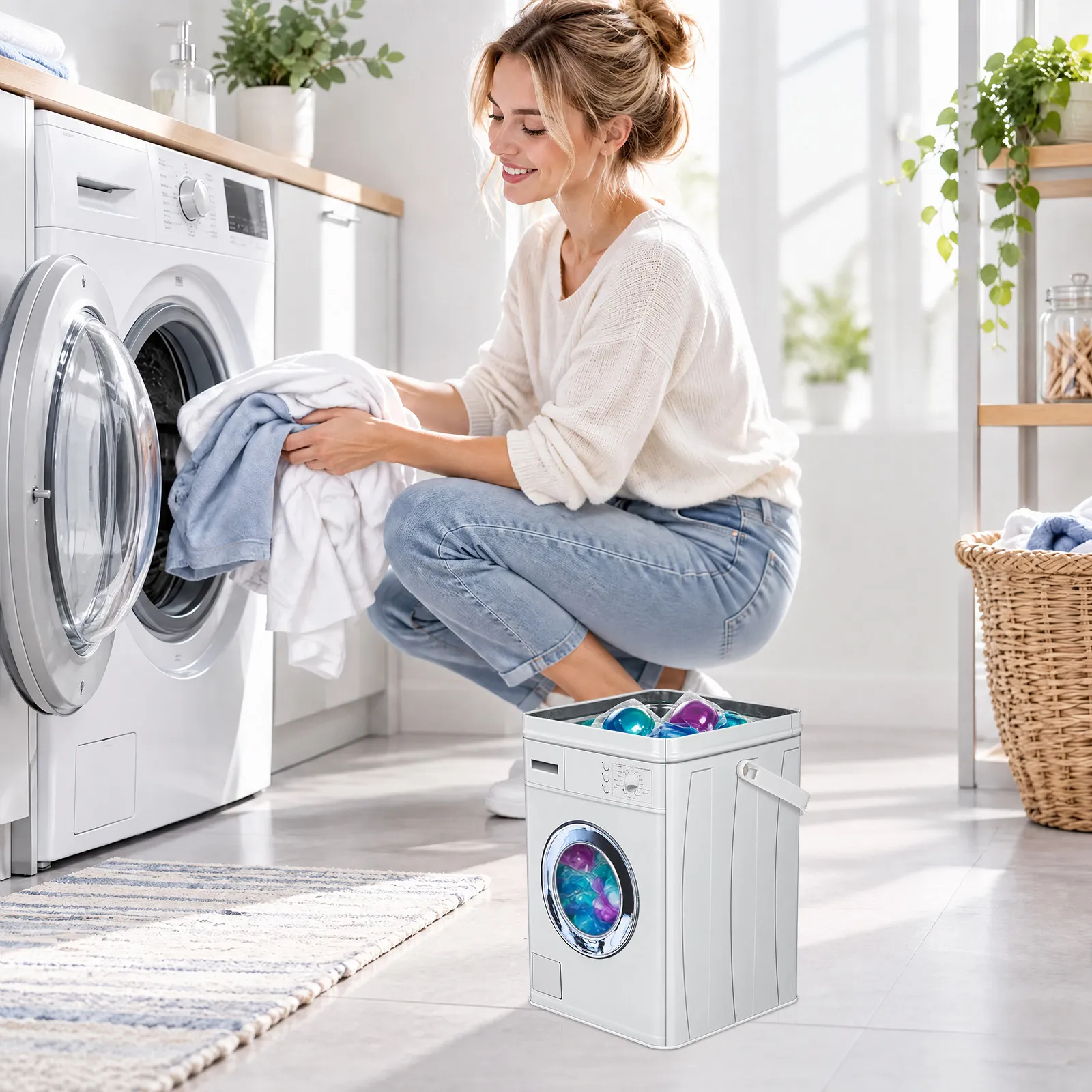 Washing Machine Style Laundry Powder Storage Container Moisture Resistant Laundry Holder for Beads Powder Liquid Compact
