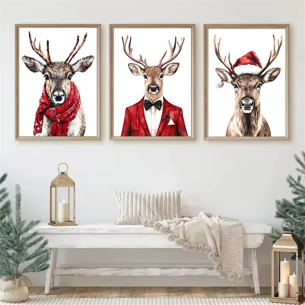

Cute Animal Cartoon Reindeer Canvas Print Merry Christmas Wall Art Poster Painting Modern Living Room Nursery Winter Home Decor