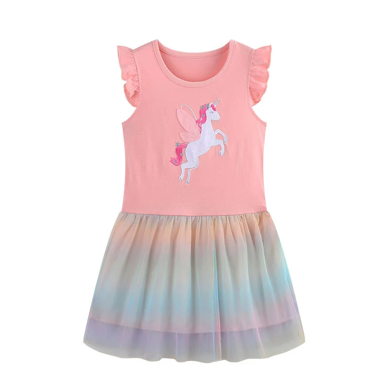 

2-7T Unicorn Embroidery Summer Princess Girls Dresses Mesh Skirt Kids Vestidos Party Birthday Baby Clothing Dress Wedding