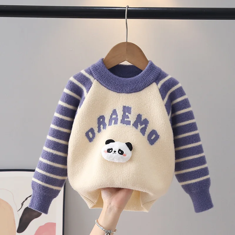 Handsome Stripes Raglan Sleeve Boys Sweaters 3D Cartoon Panda Student Pullovers Warm Flocking Letters Knit Baby Boy Tops JY10011