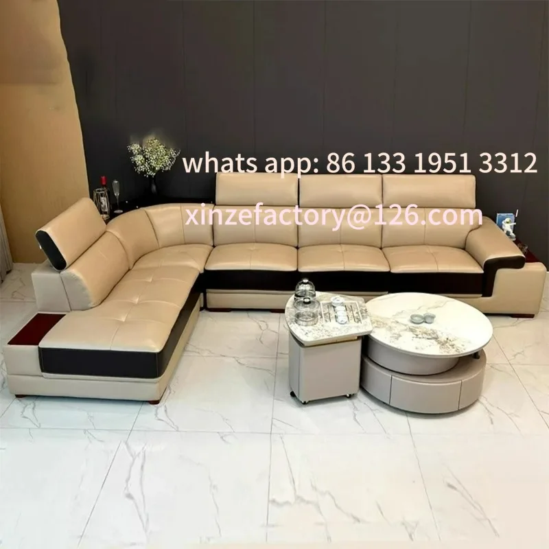 

Customizable Storage and Speaker Italian Leather Living MINGDIBAO Modern Minimalist Genuine Leather Sectional Sofa with Consol