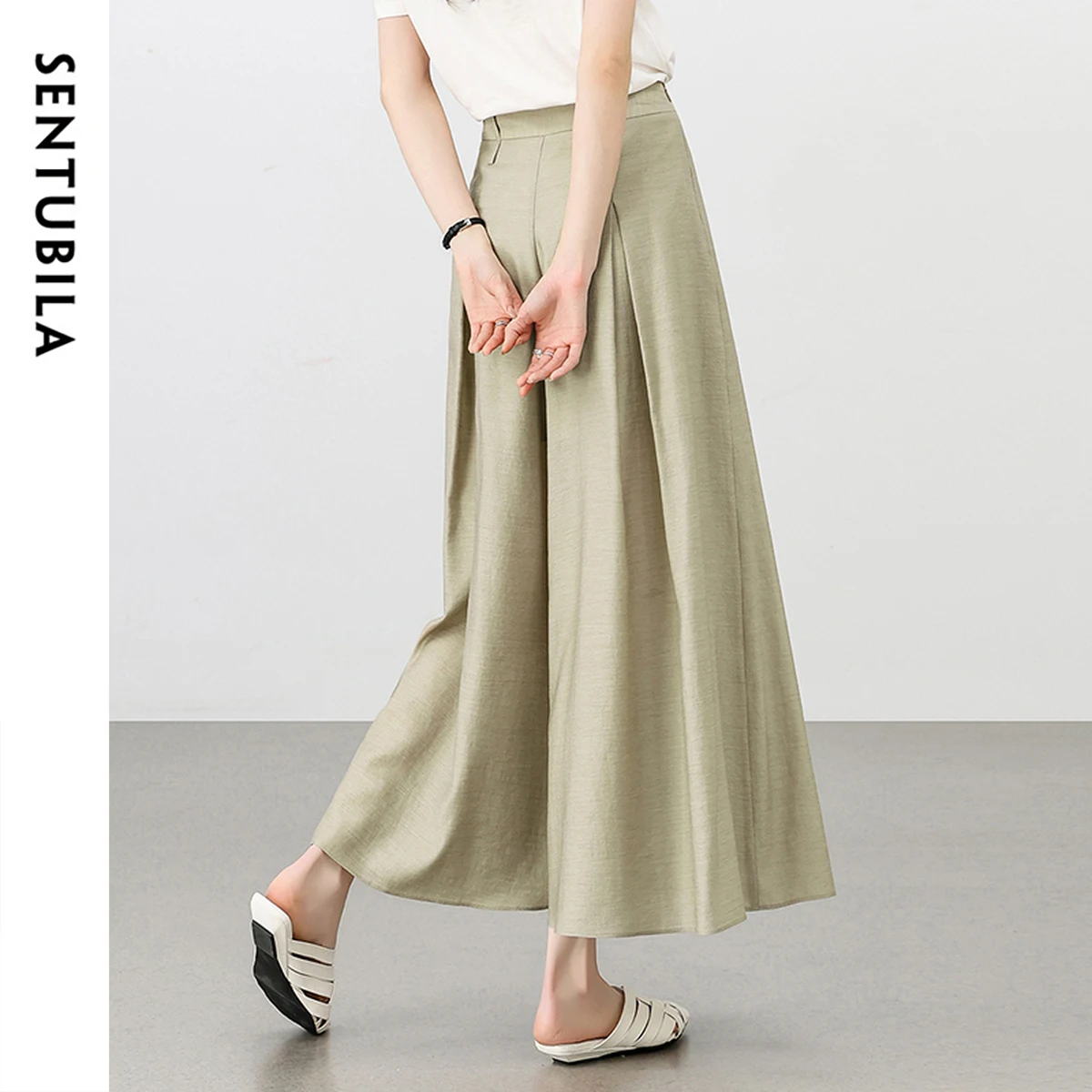 SENTUBILA Women's Solid Skirts Pants 2025 Elegant Casual Comfort High-Waist Wide-Leg Pants Ankle Length Trousers Lady 152K59026