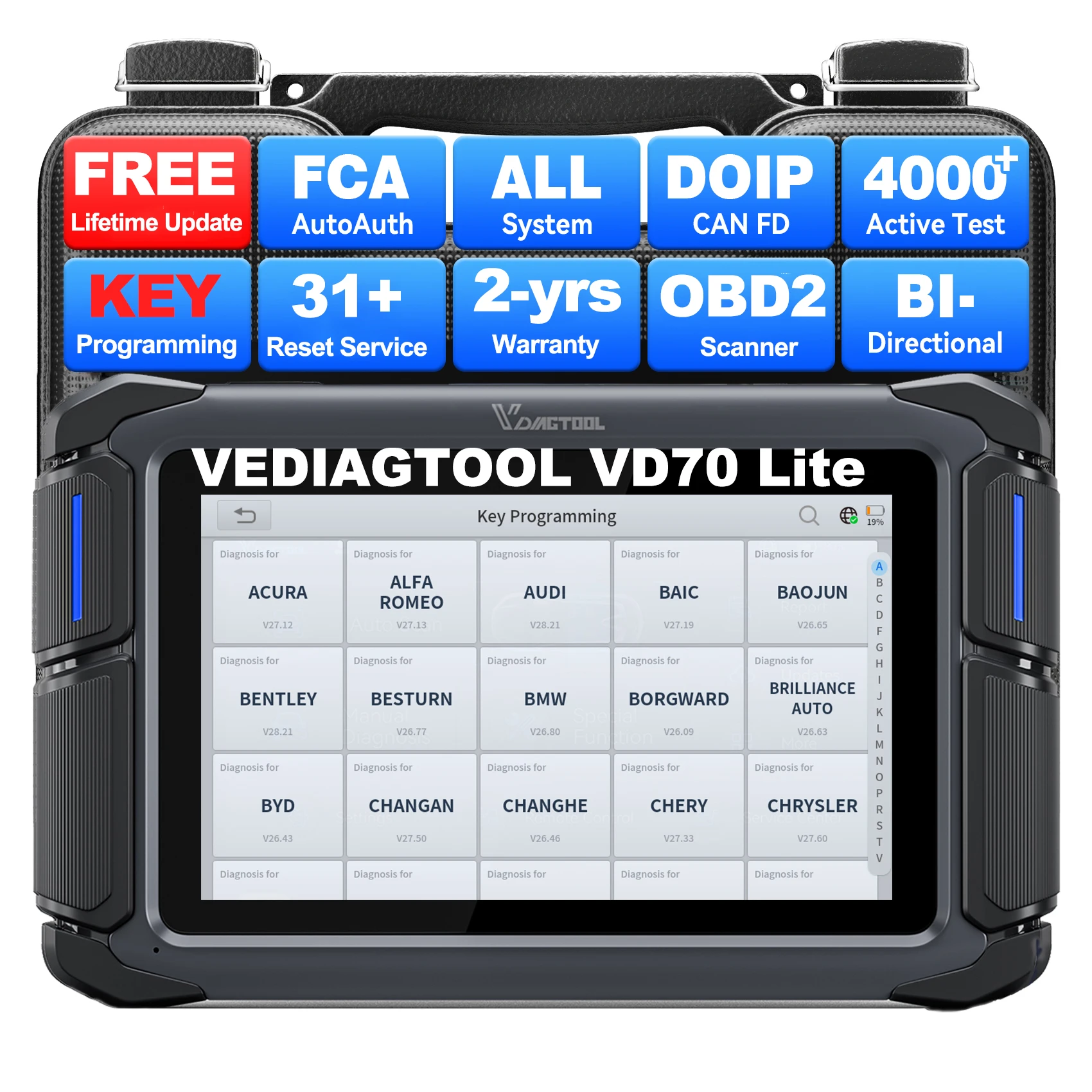 EU UK VD70Lite Bidirectional Scan Tool Professional Obd2 Key Programming Scanner for All Cars with 31+ Resets