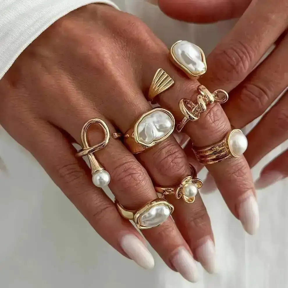 IngeSight.Z 7 Pcs Elegant Exquisite Baroque Imitation Pearl Open Rings Set Women Irregular Stackable Finger Ring Wedding Jewelry