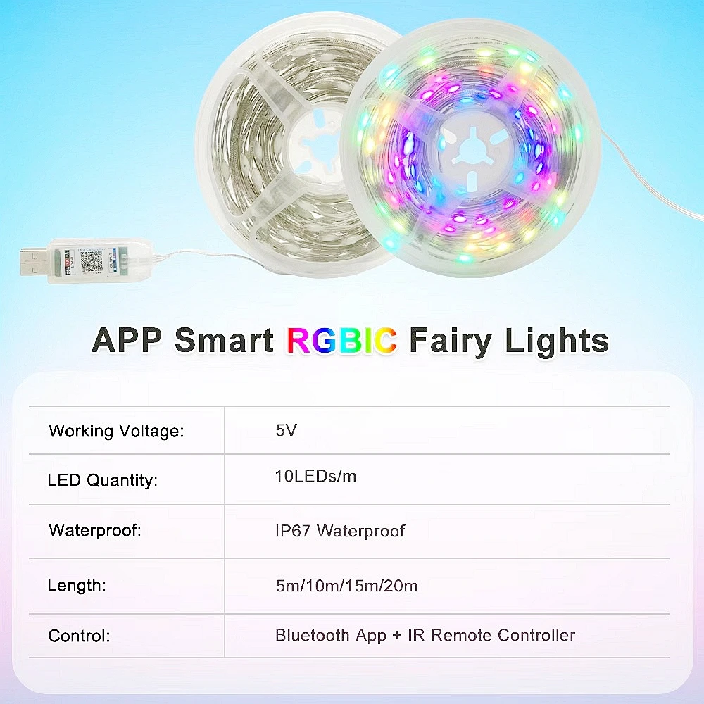 USB LED Smart app RGBIC Fairy String Lights Strip WS2812B 5V Waterproof With 24Keys Remote Bluetooth Music Control 5M 10M 15M