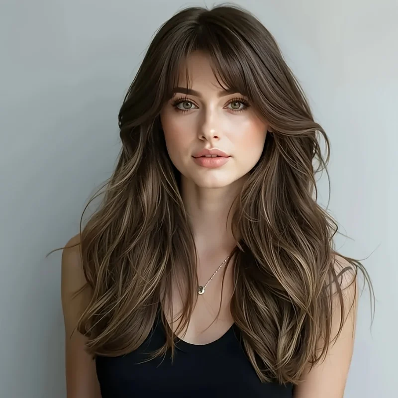 

Градиентный парик с челкой от коричневого до блонда - женский, густой, многослойный, из синтетического волокна, с сетчатой основой, подходит для повседневной укладки.