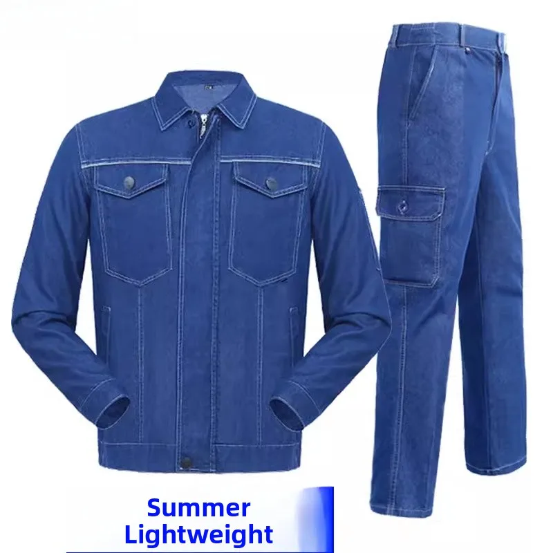

Summer Thin Cotton Denim Workwear Set Loose Fit Electrician Welder Men's Work Uniform Lightweight Breathable Labor Protection...