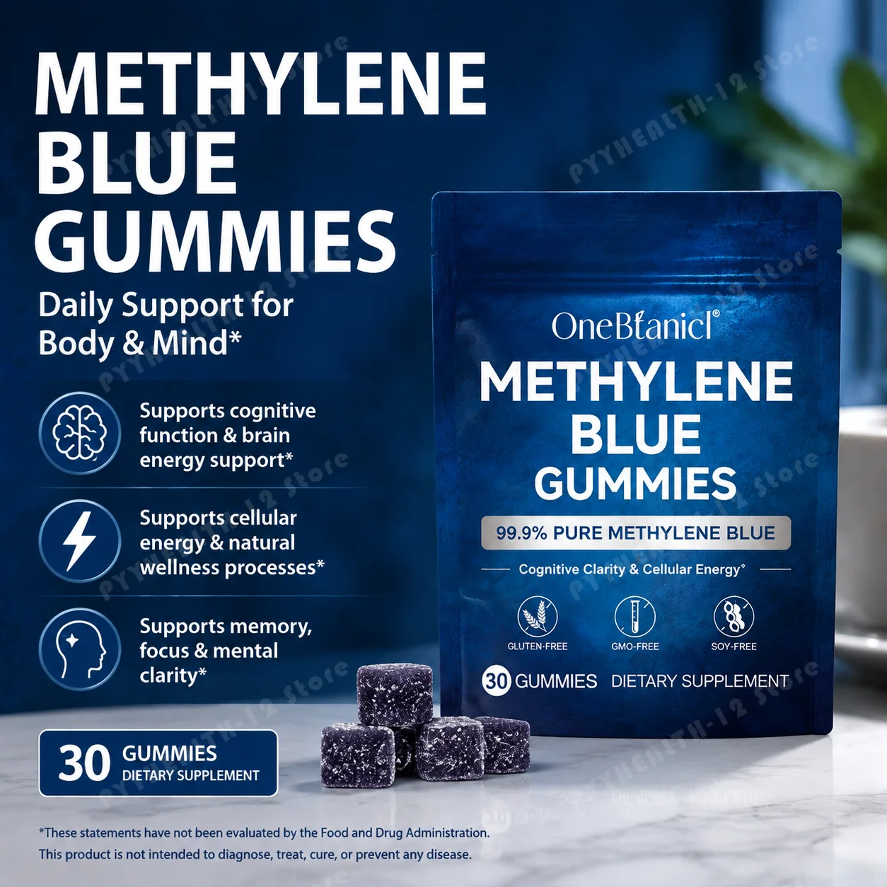 Methylene Blue Gummies,5mg 99.9% USP‑Grade Formula,30 Count,Boost Mental Focus,Cognitive Clarity & Cellular Energy for Adult