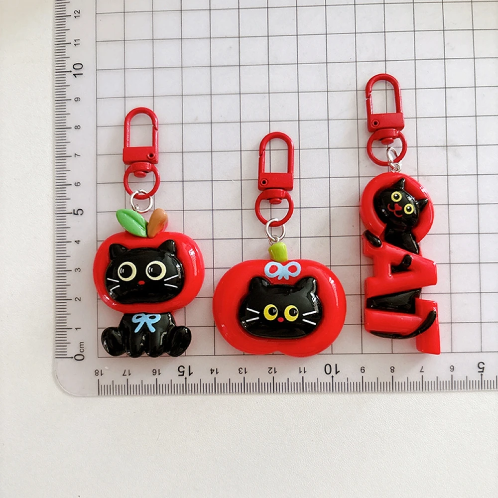 Cute Apple Black Cat Keychain Cartoon Resin Bag Charm Mini Key Ring Aesthetic Backpack Pendant Holiday Gift For Girls Women - view 6