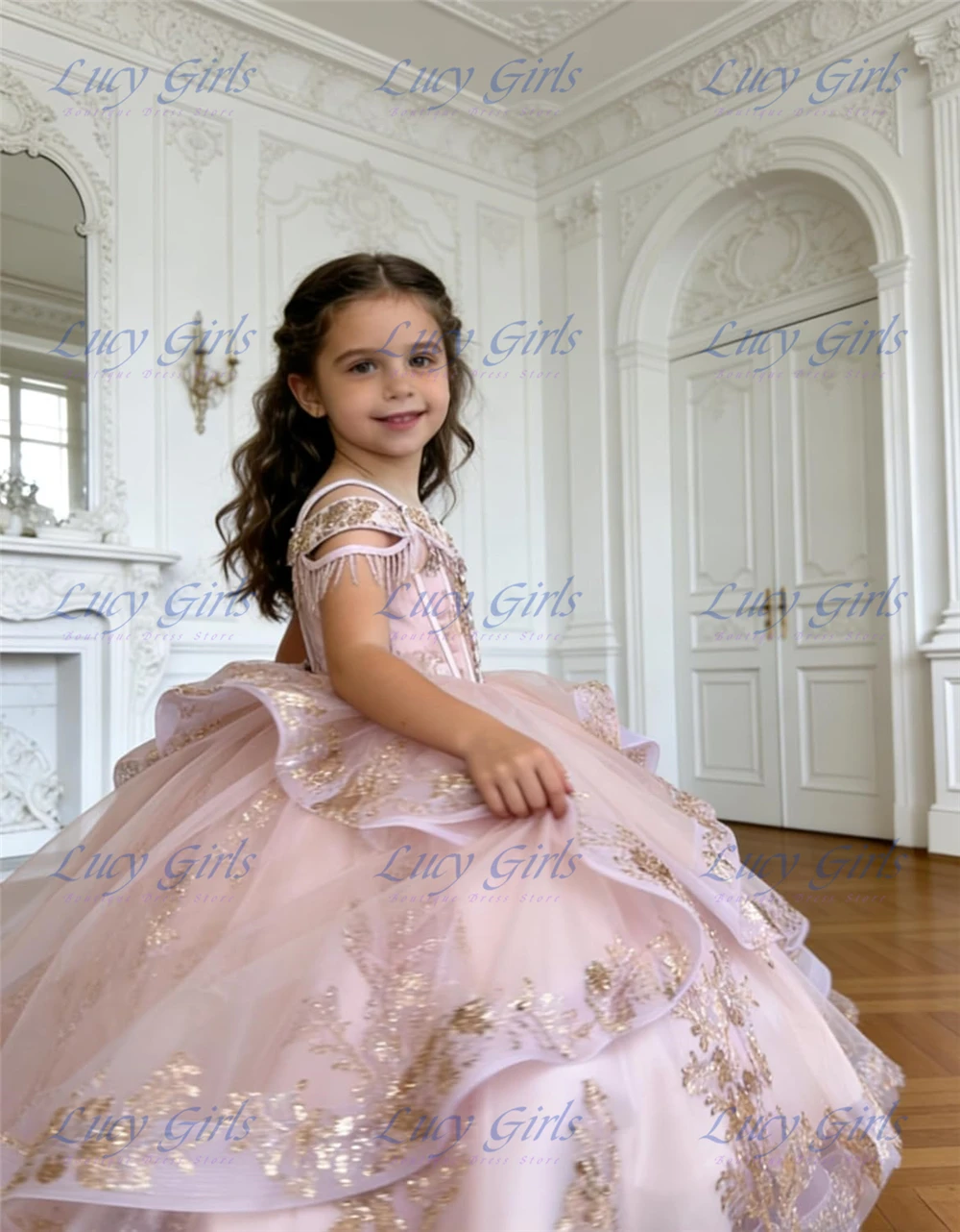 Gorgeous Gold Applique Flower Girl Dress for Wedding Layered Girls Pageant Dress with Long Bow Tassel Girls Ball Gown Dresses