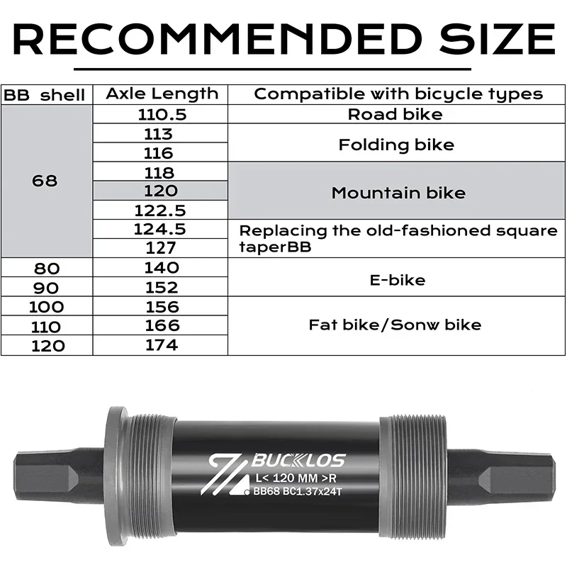 BUCKLOS-Suporte inferior para bicicleta, eixo oco, BSA, BB68, Rolamento selado, Praça de bicicleta, Rosqueado, 113mm, 120mm, 122mm, 126mm, 140mm