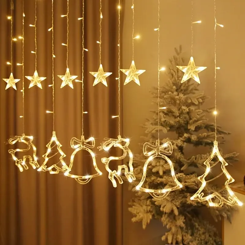 LED Christmas Star Moon Fairy String Lights, Elk Hanging Garland for Home Window Wedding Holiday Decor