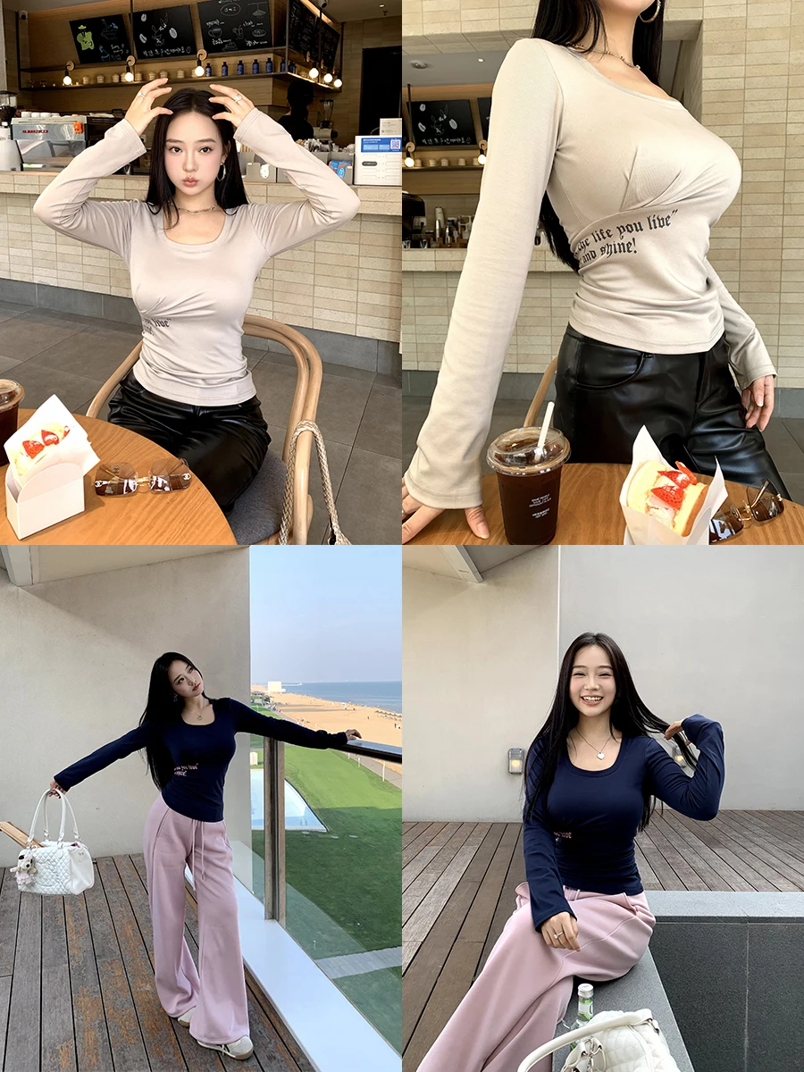 

Design Sensation Letter Print T-irt Cherry Layered Aesthetic Large U-Ne Regular Sve Long Sve Casual Sle Women's Top