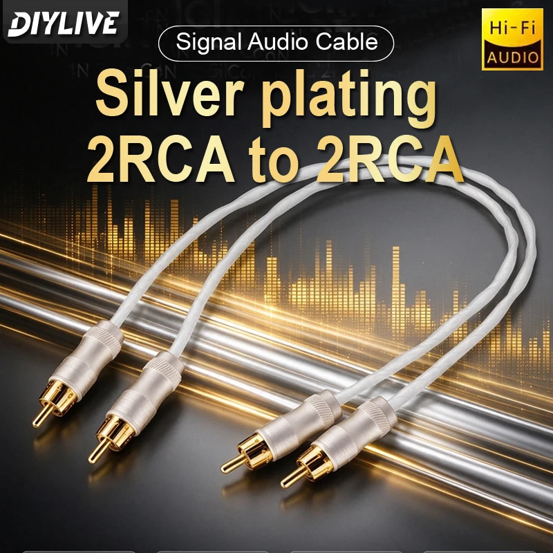 DIYLIVE 6N OFC Silver Plated 2RCA to 2RCA 24K Gold Plated Plug Signal Audio Cable for Amplifier Speaker TV