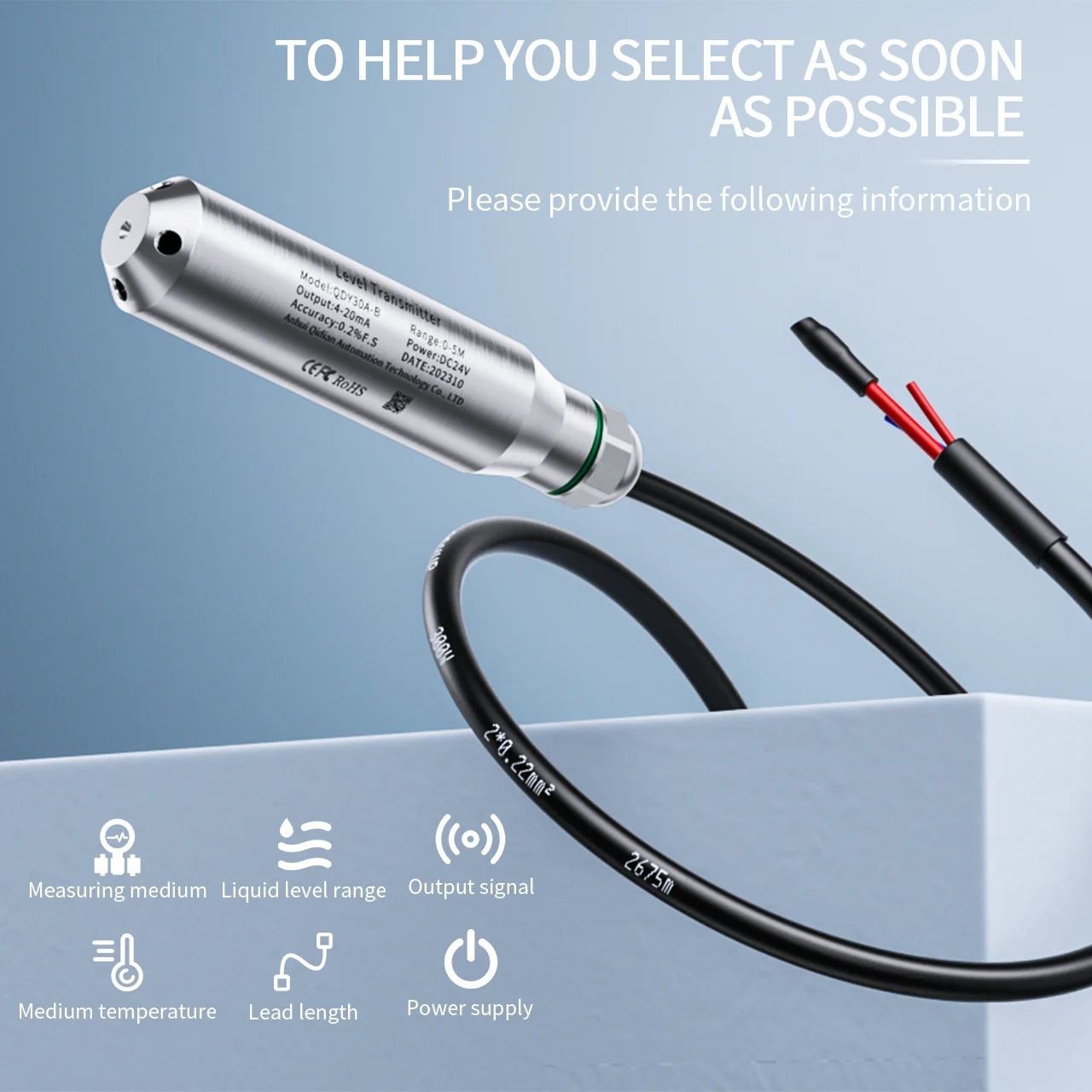 

Submersible Liquid Level Transmitter 316SS 0-500m Range Water Tank Pressure Transmitter