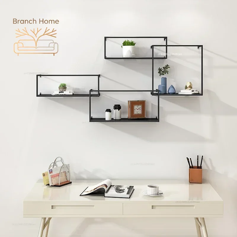 Nordic Iron Art Wall Mounted Shelves Living Room Metope Bookshelf Creative Display Frame Household Background Wall Decoration Ra
